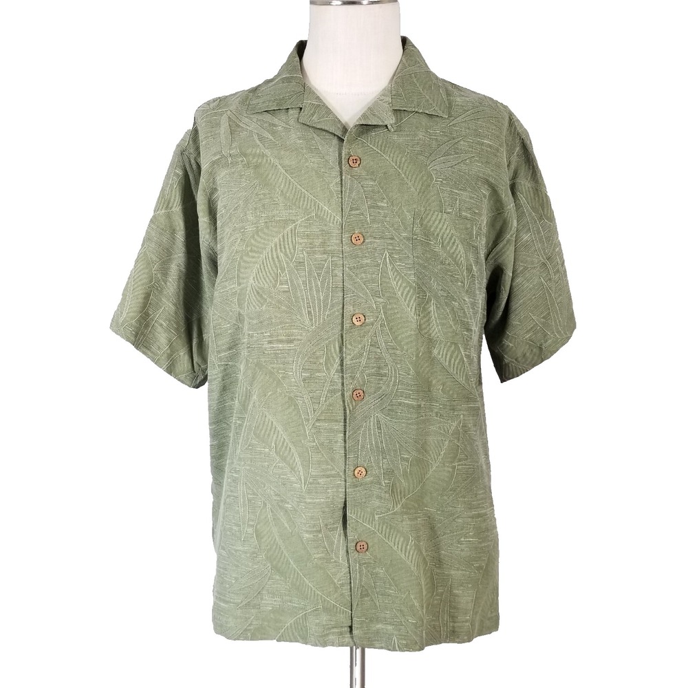 Island Shores shirt men's large green floral washable Silk Hawaiian retro beach